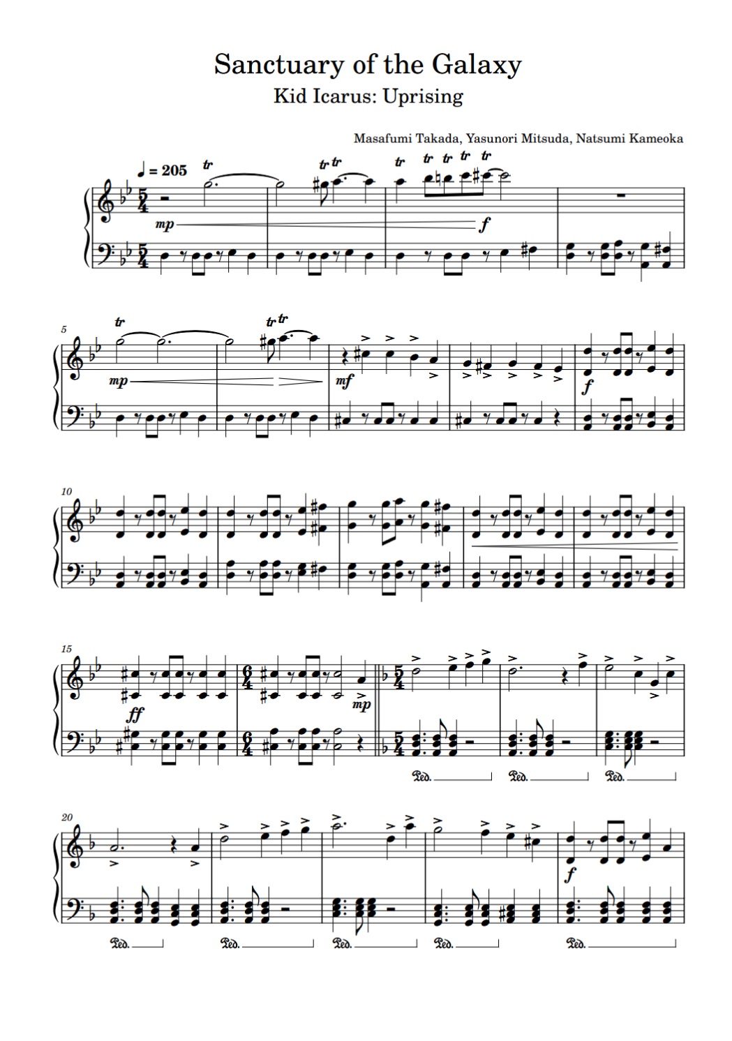 First page of Sanctuary of the Galaxy First page of a piano arrangement for Sanctuary of the Galaxy from Kid Icarus Uprising